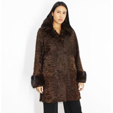 Astrakhan brown coat with brown mink collar