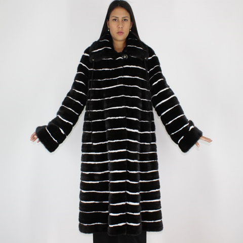 Black with stripes of white shaved mink coat