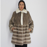 Silver grey mink ¾ coat with white mink stripes and collar