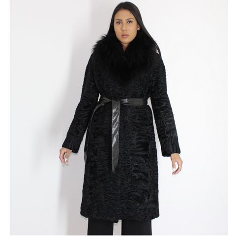 Astrakhan black coat with fox collar