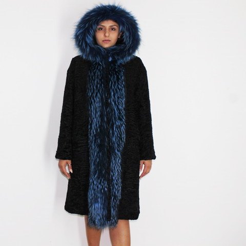 Astrakhan black coat with blue electric colored fox