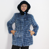 Blue colored mink in big pieces jacket with hood