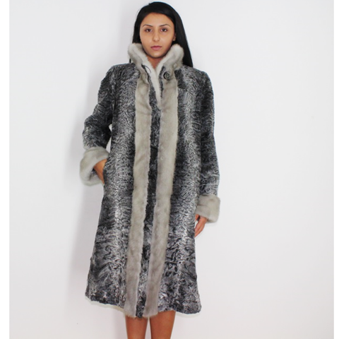 Astrakhan grey coat with sapphire mink trimming