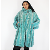 Turquoise shaved mink pieces coat with hood