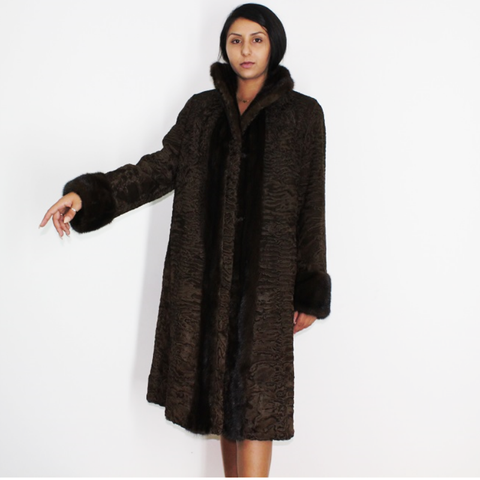 Astrakhan brown coat with brown mink trimming