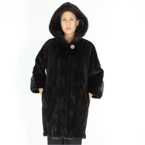 Ranch shaved mink pieces coat with hood and mink trimming