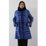 Electric-blue colored shaved mink coat with chinchilla collar