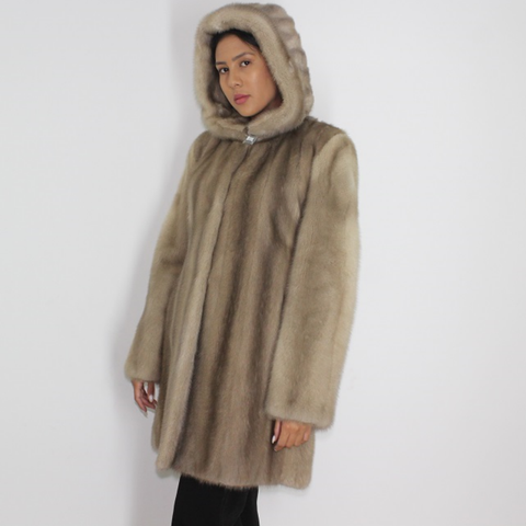 Silver grey mink ¾ coat with hood