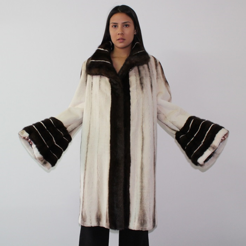 Brown-ivory mink coat with demi-buff trimming