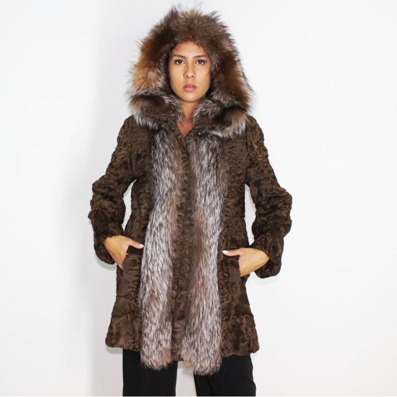 Astrakhan brown jacket with crystal fox trimming and hood