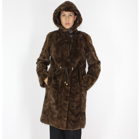 Demi-buff shaved mink pieces ¾ coat with hood