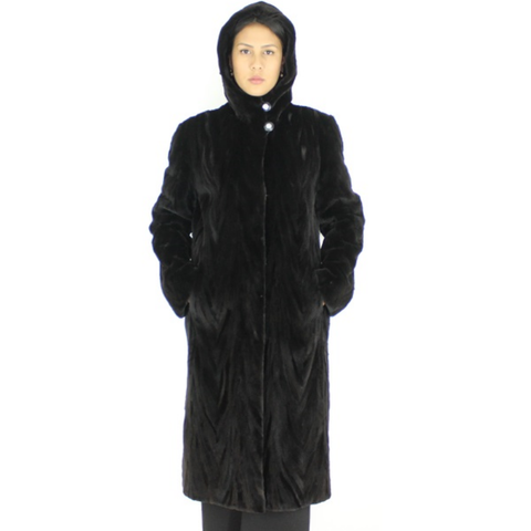 Black shaved mink pieces coat with hood