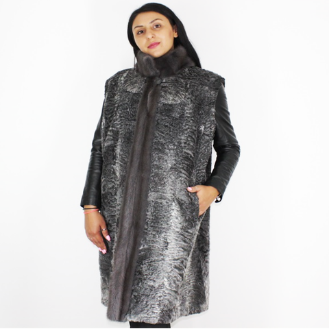 Grey Astrakhan long vest with grey mink trimming