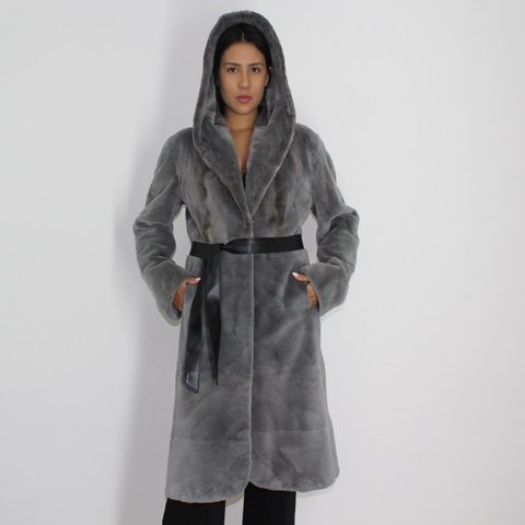 Cold grey shaved mink pat coat with hood