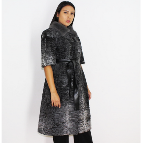 Astrakhan grey vest with silver grey mink collar