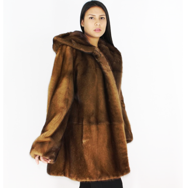 Wild-glow mink ¾ coat with hood
