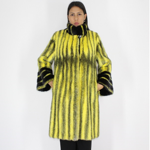 Black-cross yellow colored mink coat with black mink trimming