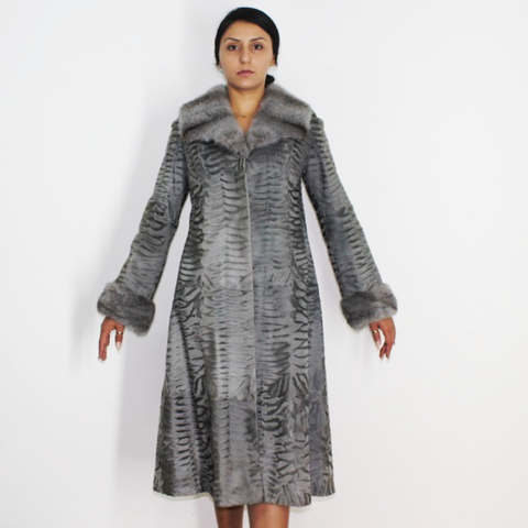 Astrakhan Broadtail grey coat with grey mink trimming