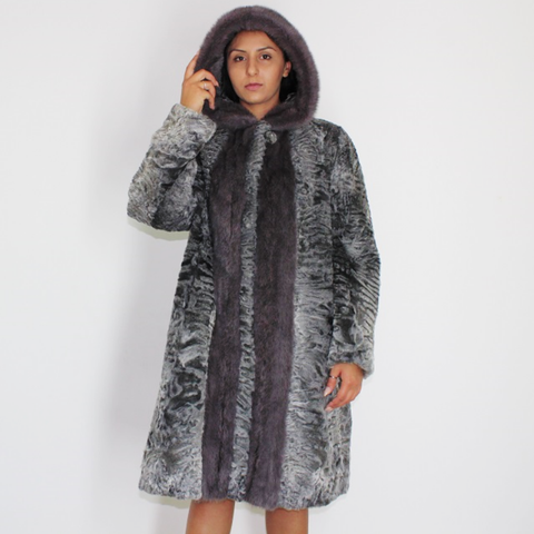 Astrakhan grey coat with silver grey mink trimming