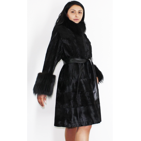 Broadtail Astrakhan black coat with black fox trimming