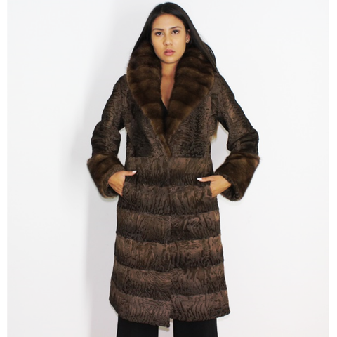 Brown astrakhan coat with brown mink trimming