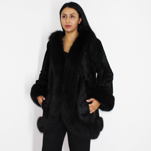 Broadtail Astrakhan black cape-jacket with black fox trimming
