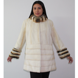 Pearl shaved mink ¾ coat with chinchilla trimming
